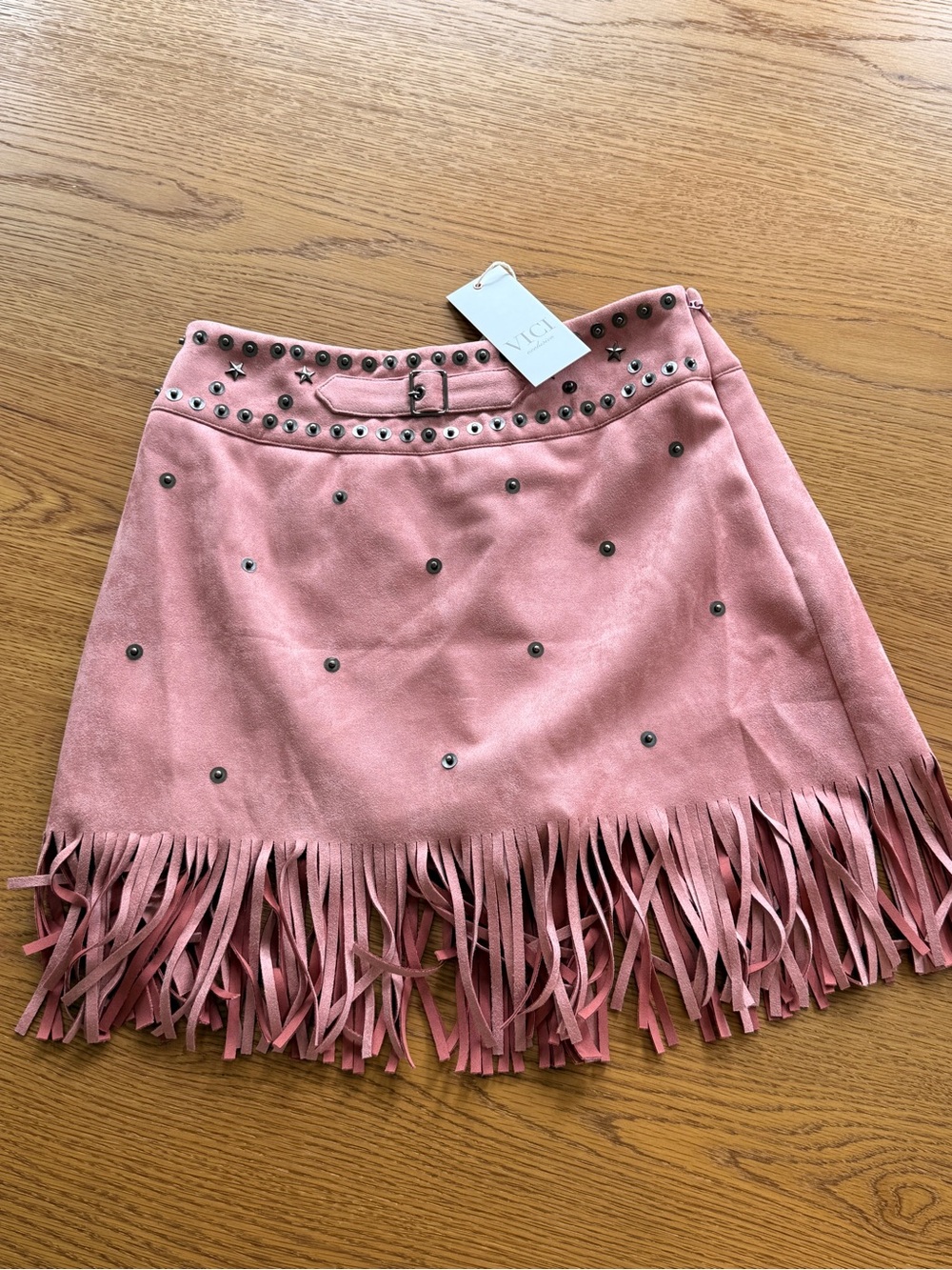 Vici Rose Pink Suede Fringe Mini Skirt with Stud Detailing